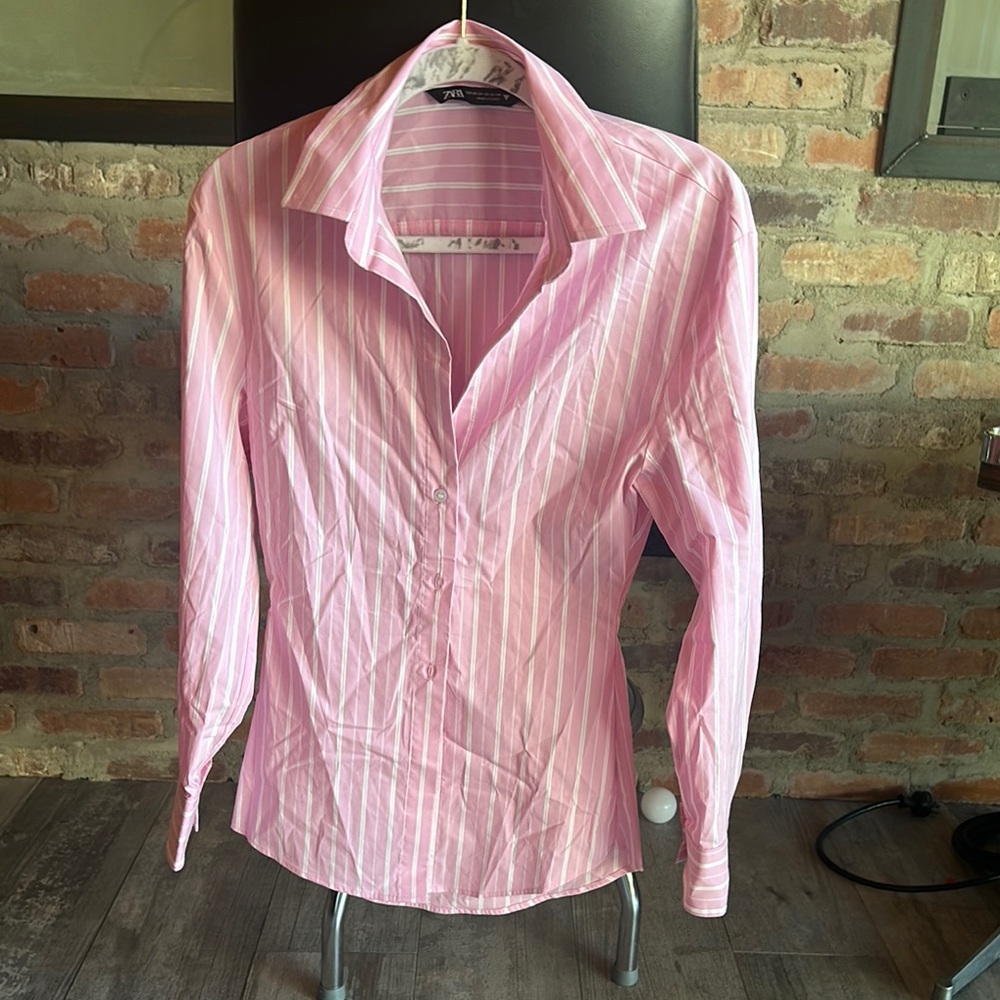 Zara Pink Button Down Shirt Fitted Notched Collar